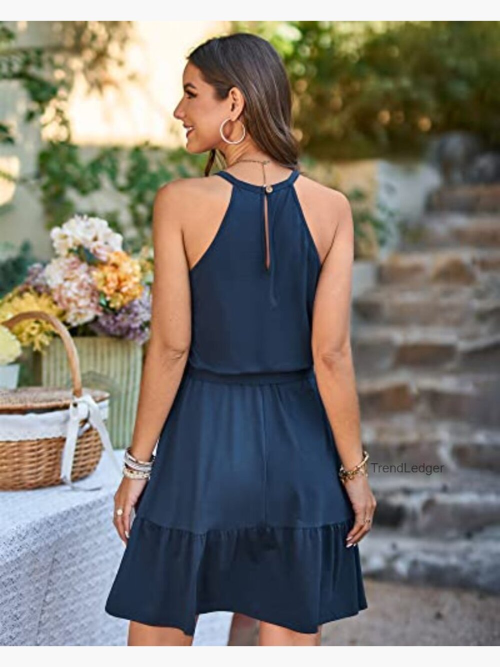 Halter Sundress with Pockets, Belted A-Line, Ruffle Hem, Keyhole Back - Picture 5 of 7